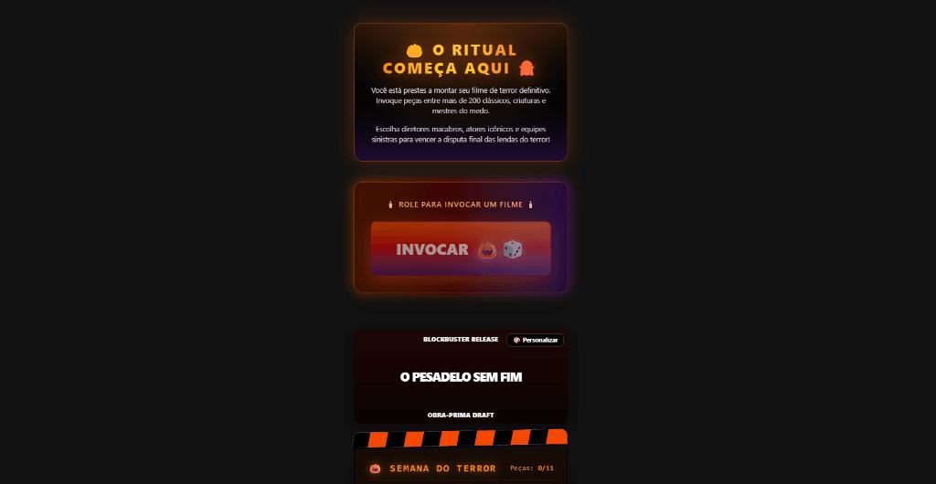 Tela de Invocação de Filmes de Terror no modo Duelo do Terror do jogo Obra-Prima