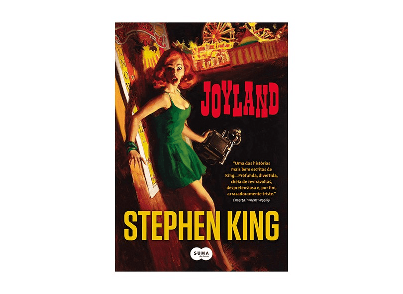 Capa do livro Joyland, de Stephen King, com estética retrô. Uma mulher assustada em um parque de diversões, ilustrando uma história de fantasma e suspense envolvente.