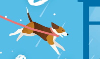 Ilustração do personagem Harold, o cachorro do livro "Amar é Relativo" de Sophie Kinsella. O animal aparece saltando, usando um peitoral vermelho sobre um fundo azul.