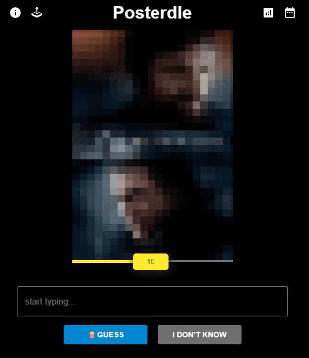 Tela do jogo de navegador Posterdle revelando parcialmente o pôster de um filme para que o jogador identifique a produção.