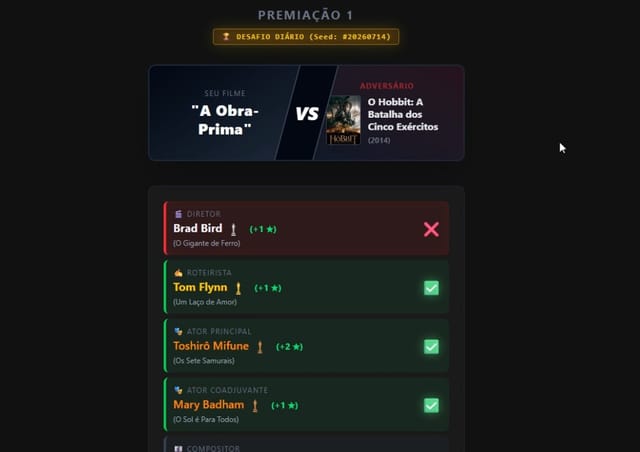 Interface do jogo de navegador Obra-Prima mostrando a fase de Draft, onde o jogador escolhe diretor, roteirista, atores e outros profissionais para montar seu filme.