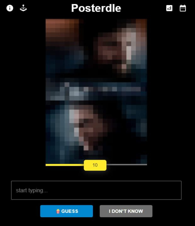 Tela do jogo de navegador Posterdle revelando parcialmente o pôster de um filme para que o jogador identifique a produção.