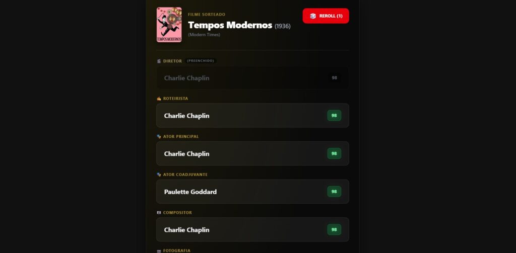 Interface do jogo de navegador Obra-Prima mostrando a fase de Draft, onde o jogador escolhe diretor, roteirista, atores e outros profissionais para montar seu filme.